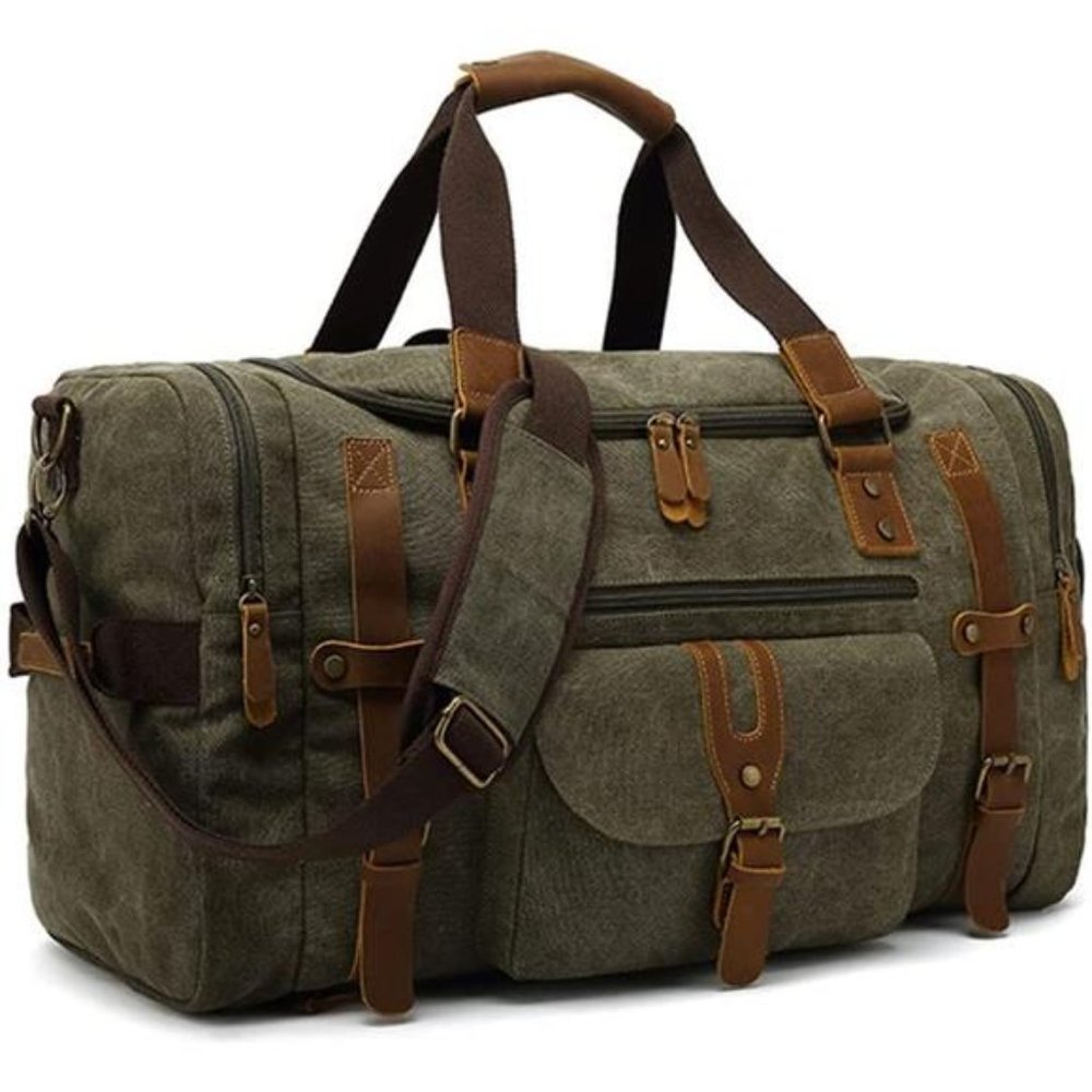 Yshfox Duffle Bag For Men Genuine Leather Canvas Travel Duffel Bags (Army Green)